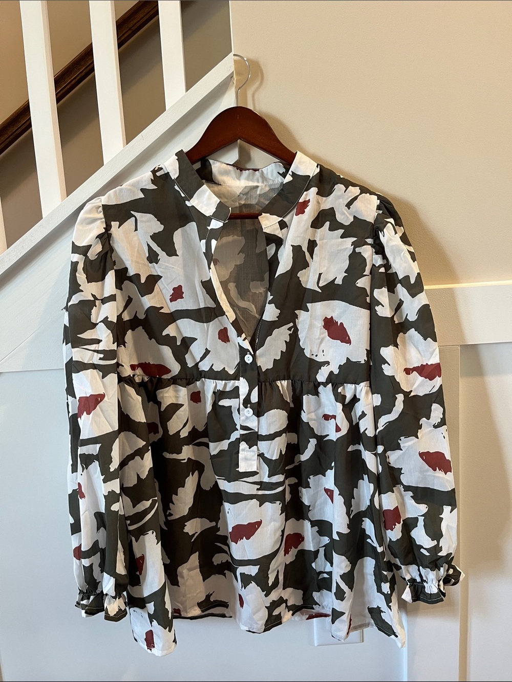 Women’s Long Sleeve Printed Shirt - White, Olive & Rust